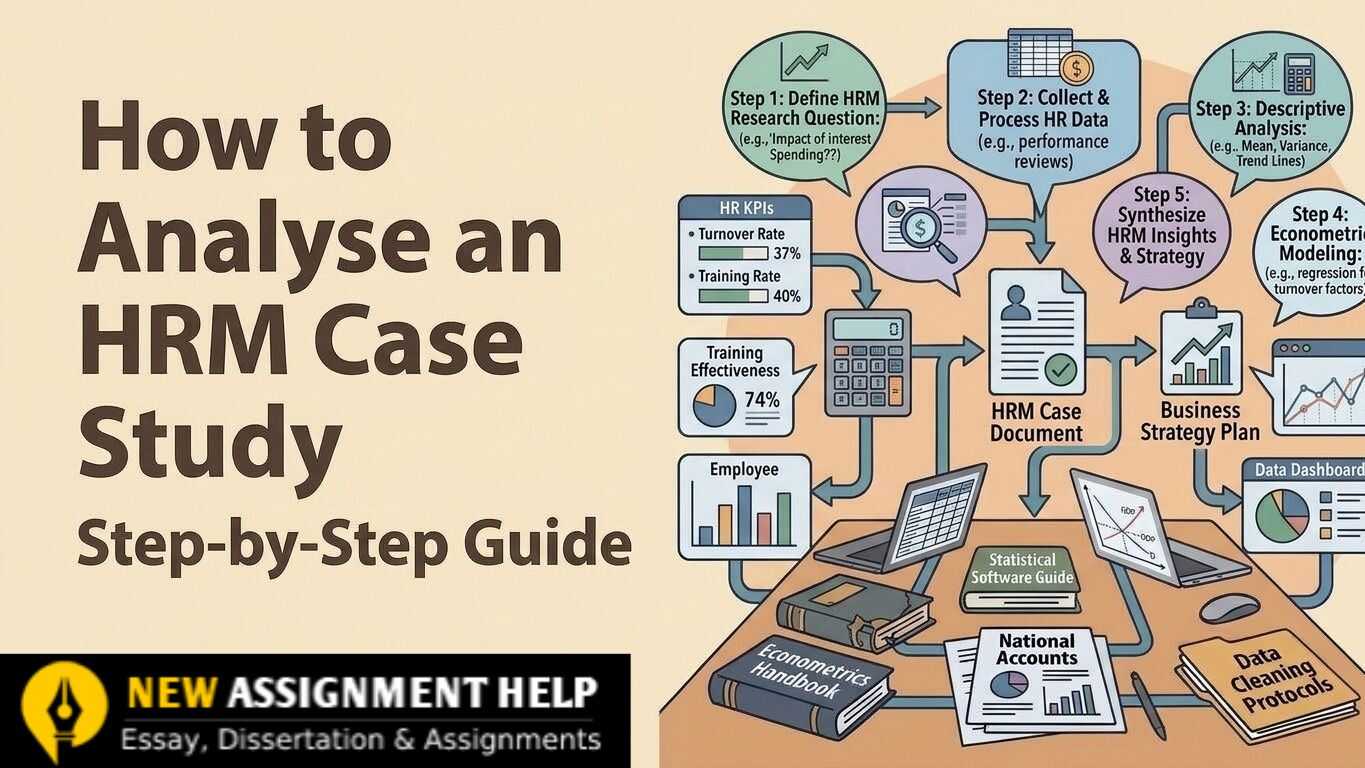 7-step guide flowchart for solving HRM case study assignments.